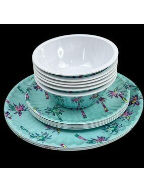 Cynthia Rowley Melamine 16 Piece Dish Set Palm Tree Tropical Beach Summer Picnic